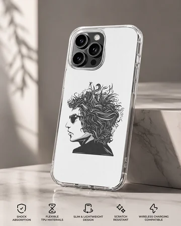 Black and white illustration of Bob Dylan on a phone case — Specs