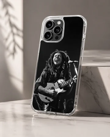 Iconic photograph of Bob Marley playing guitar on phone case — Hero