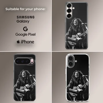 Iconic photograph of Bob Marley playing guitar on phone case — Collage