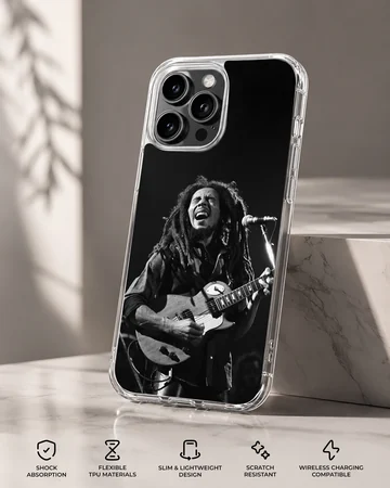Iconic photograph of Bob Marley playing guitar on phone case — Specs