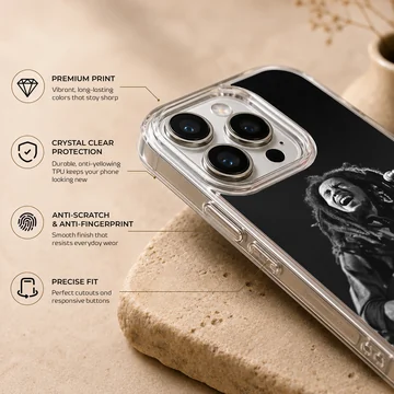 Iconic photograph of Bob Marley playing guitar on phone case — Info