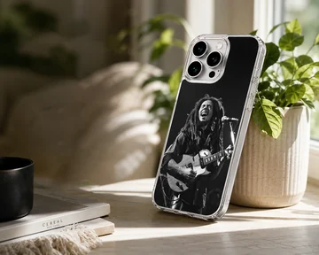Iconic photograph of Bob Marley playing guitar on phone case — Lifestyle