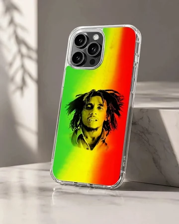 Bob Marley vibrant reggae phone case with red, green, yellow design.