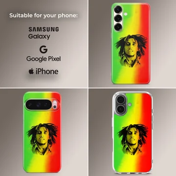 Bob Marley vibrant reggae phone case with red, green, yellow design. — Collage