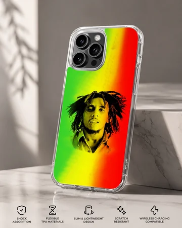 Bob Marley vibrant reggae phone case with red, green, yellow design. — Specs