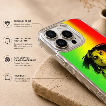 Bob Marley vibrant reggae phone case with red, green, yellow design. — Info