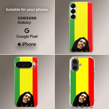 Bob Marley inspired artwork with vibrant reggae colors on phone case — Collage