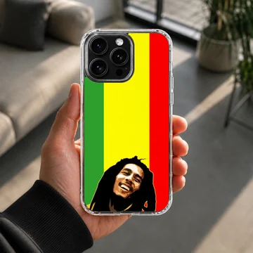 Bob Marley inspired artwork with vibrant reggae colors on phone case — Lifestyle