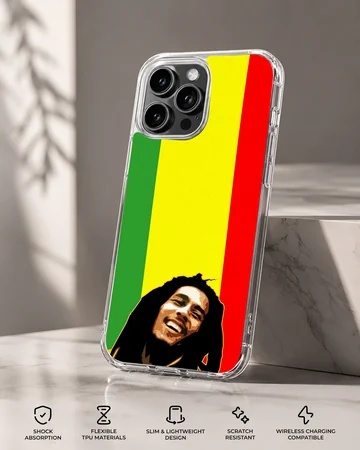 Bob Marley inspired artwork with vibrant reggae colors on phone case — Specs