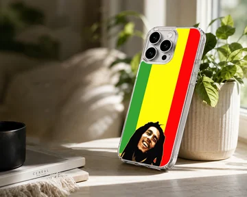 Bob Marley inspired artwork with vibrant reggae colors on phone case — Lifestyle