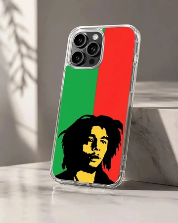 Bob Marley illustration with green and red background phone case