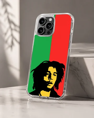Bob Marley illustration with green and red background phone case — Hero