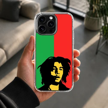 Bob Marley illustration with green and red background phone case — Lifestyle
