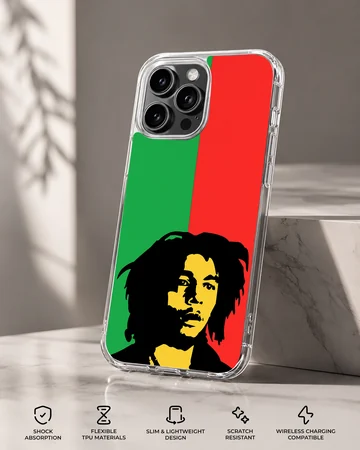 Bob Marley illustration with green and red background phone case — Specs