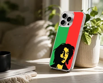 Bob Marley illustration with green and red background phone case — Lifestyle