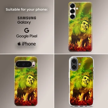 Colorful Bob Marley tribute artwork in digital illustration phone case — Collage