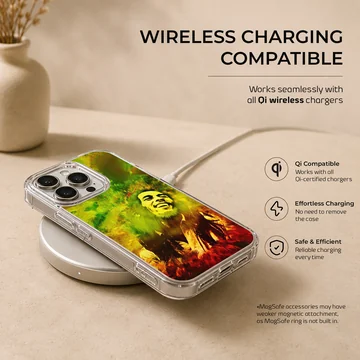 Colorful Bob Marley tribute artwork in digital illustration phone case — Charging