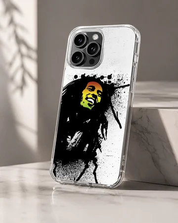 Abstract depiction of Bob Marley with splashes of black and green on phone case — Hero