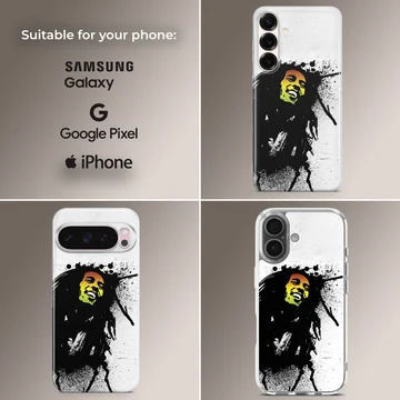 Abstract depiction of Bob Marley with splashes of black and green on phone case — Collage