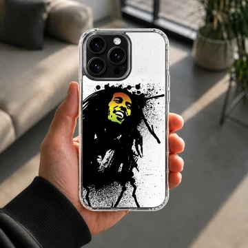 Abstract depiction of Bob Marley with splashes of black and green on phone case — Lifestyle