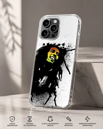 Abstract depiction of Bob Marley with splashes of black and green on phone case — Specs