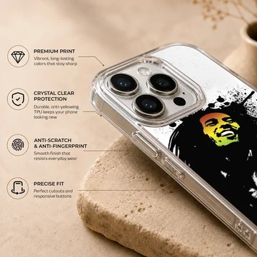 Abstract depiction of Bob Marley with splashes of black and green on phone case — Info