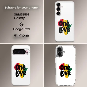 Bob Marley inspired phone case featuring One Love design. — Collage