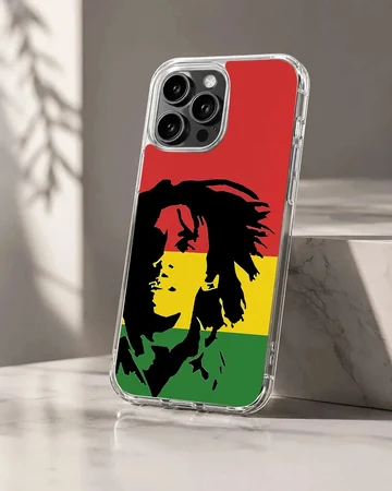 Bob Marley inspired art in red, green, yellow on phone case
