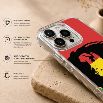 Bob Marley inspired art in red, green, yellow on phone case — Info