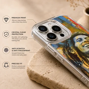 Vibrant Bob Marley digital illustration on phone case — Info