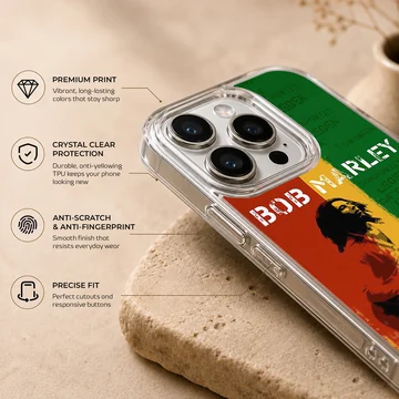 Bob Marley in vibrant colors on phone case — Info