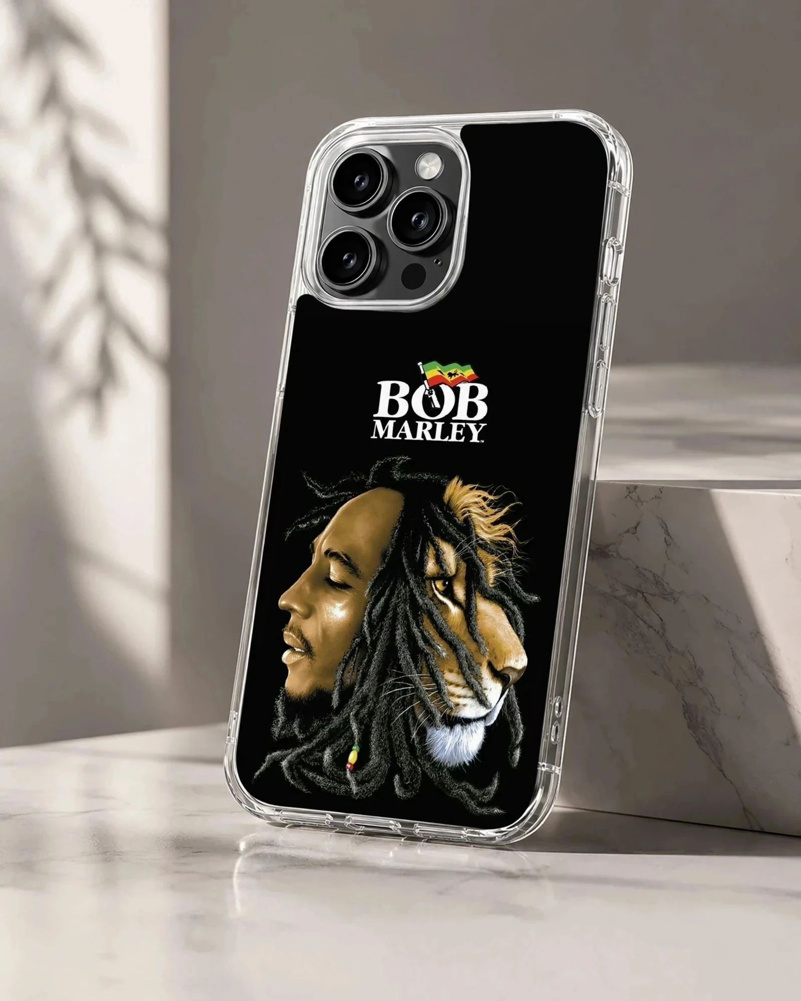 Bob Marley artwork featuring a lion with iconic logo on phone case