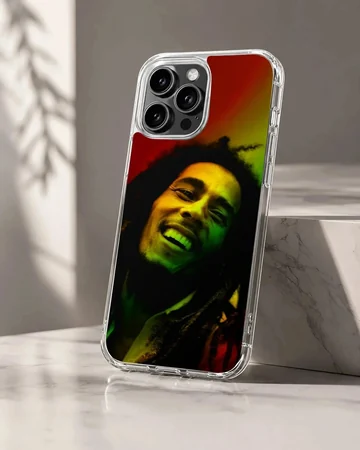 Bob Marley inspired phone case design featuring vibrant reggae colors.