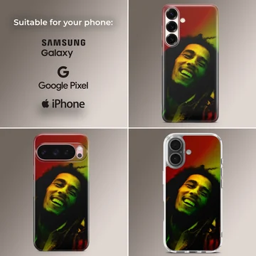 Bob Marley inspired phone case design featuring vibrant reggae colors. — Collage