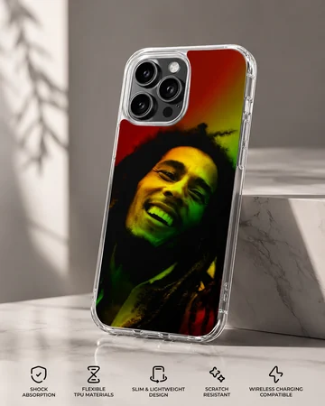 Bob Marley inspired phone case design featuring vibrant reggae colors. — Specs