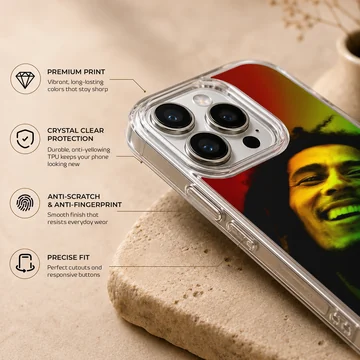 Bob Marley inspired phone case design featuring vibrant reggae colors. — Info