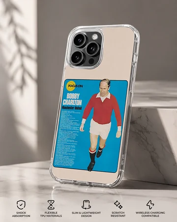 Bobby Charlton in red football attire on phone case — Specs