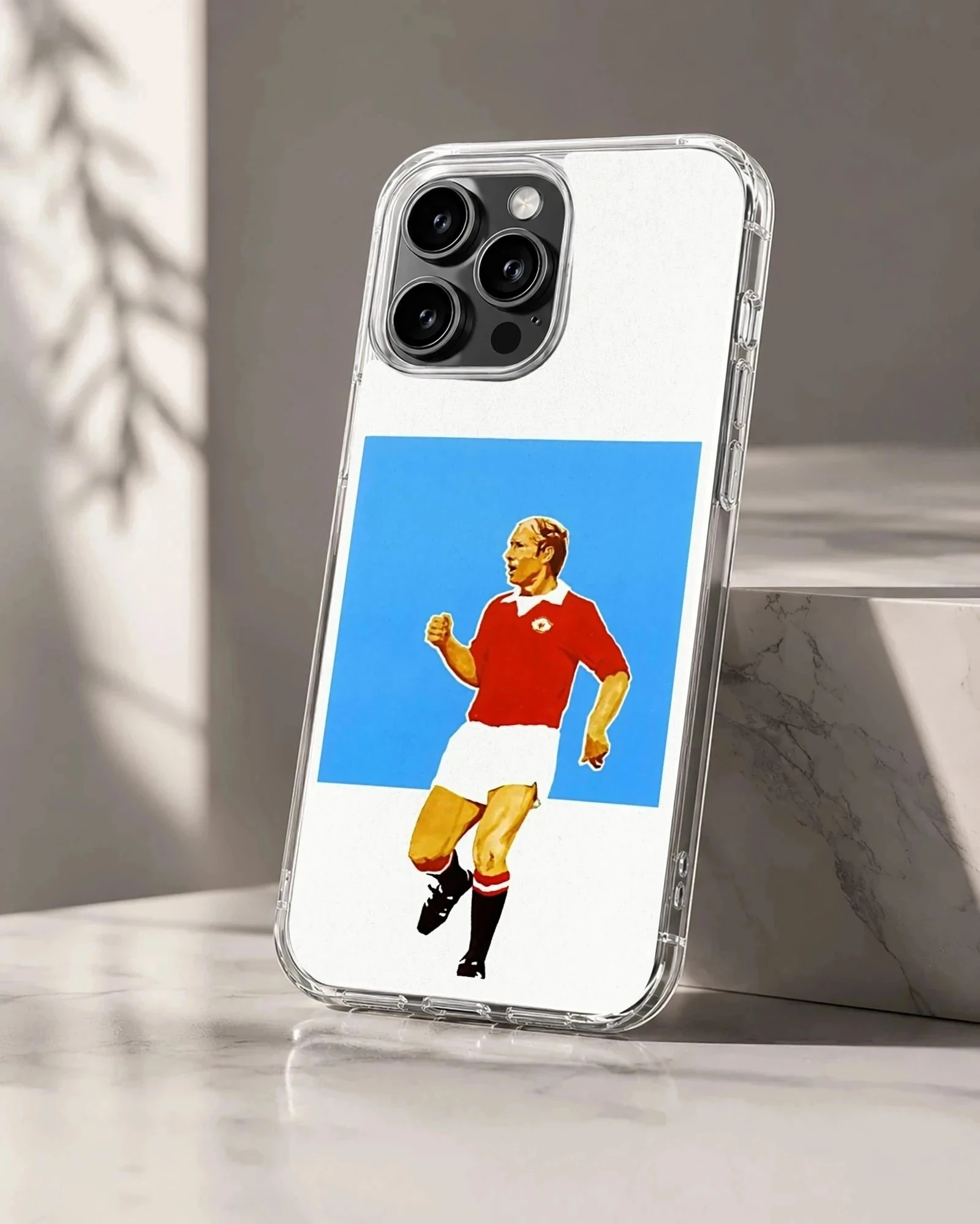Bobby Charlton digital illustration in red and blue phone case