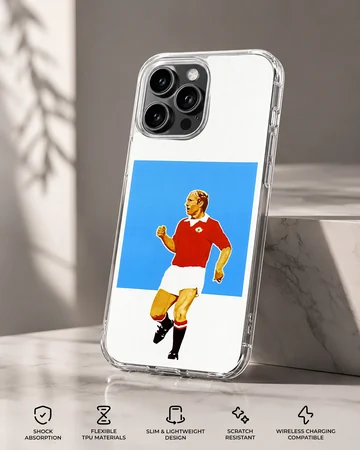 Bobby Charlton digital illustration in red and blue phone case — Specs