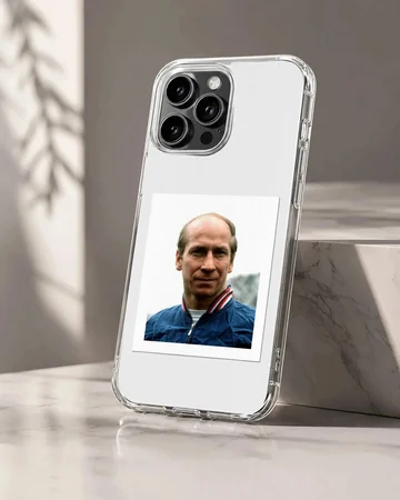 Photographic portrait of Bobby Charlton on phone case