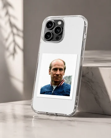 Photographic portrait of Bobby Charlton on phone case — Hero