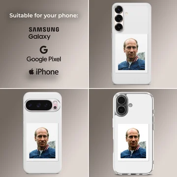 Photographic portrait of Bobby Charlton on phone case — Collage
