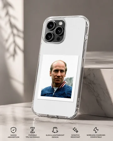 Photographic portrait of Bobby Charlton on phone case — Specs