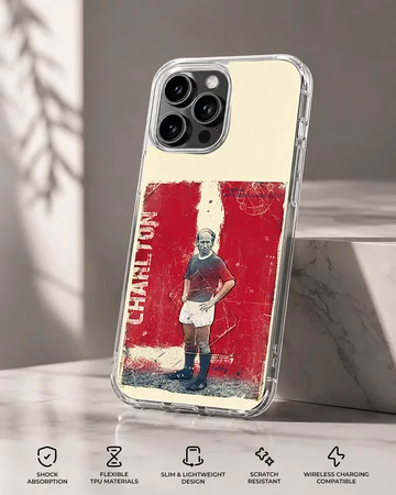 Bobby Charlton tribute illustration on phone case — Specs