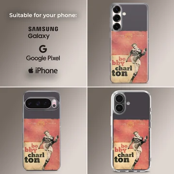 Bobby Charlton tribute art with bold typography on phone case — Collage
