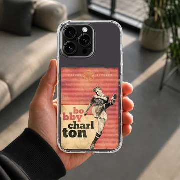Bobby Charlton tribute art with bold typography on phone case — Lifestyle