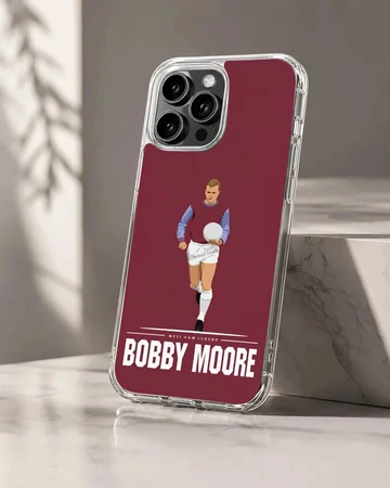 Bobby Moore digital illustration on a red phone case with text
