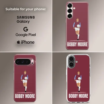 Bobby Moore digital illustration on a red phone case with text — Collage