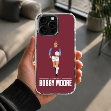 Bobby Moore digital illustration on a red phone case with text — Lifestyle