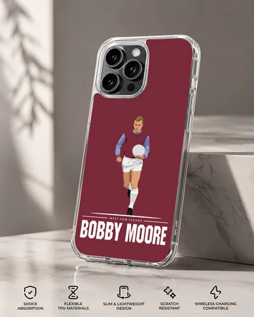 Bobby Moore digital illustration on a red phone case with text — Specs